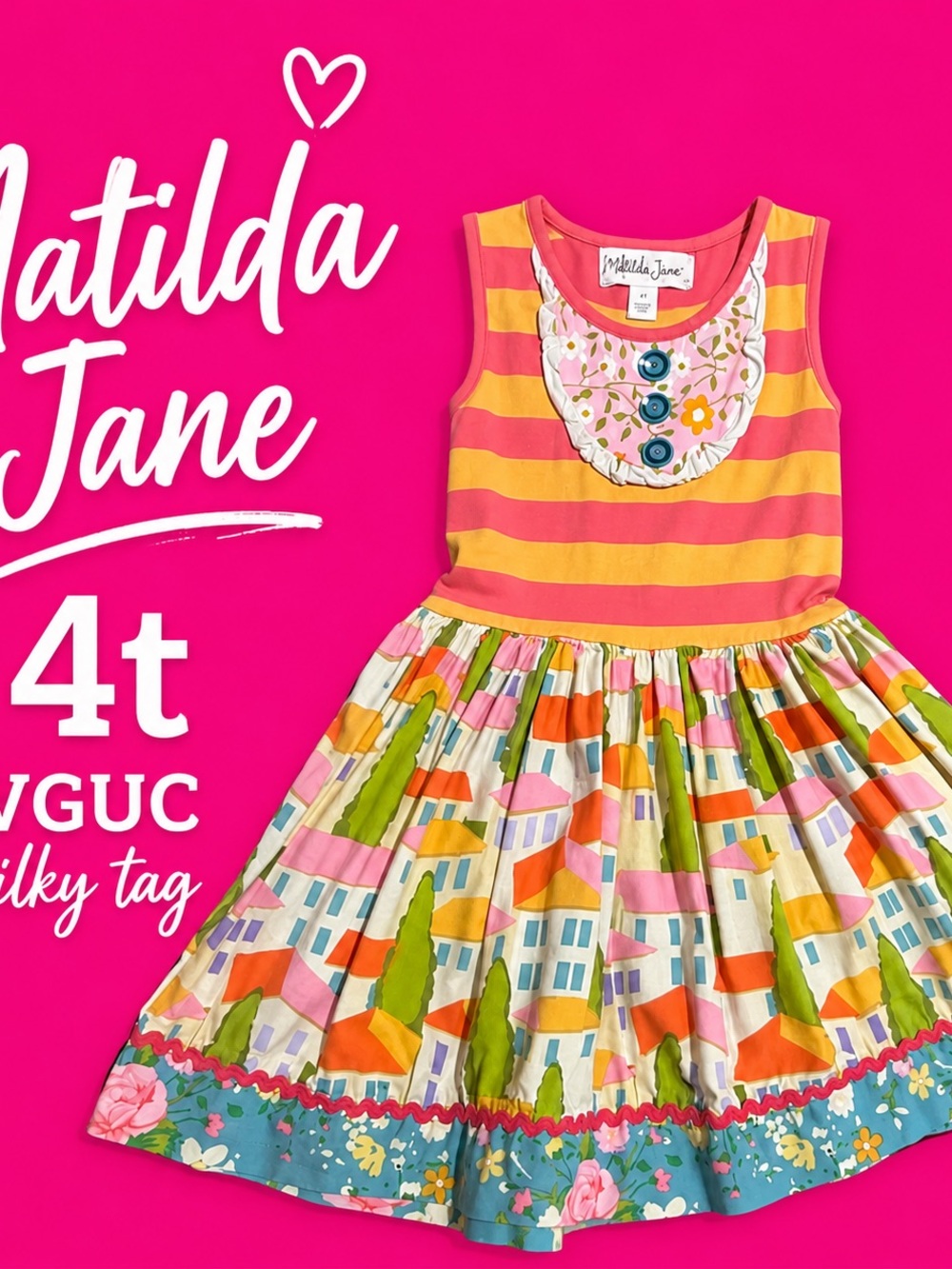 Matilda Jane Pink & Yellow Striped Dress with Scenic Multi-Color Skirt